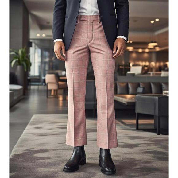 Lee Other - VTG Lee Frontier Slacks Mens 38x30 Beige Blue Bootcut Checkered Plaid 70's USA